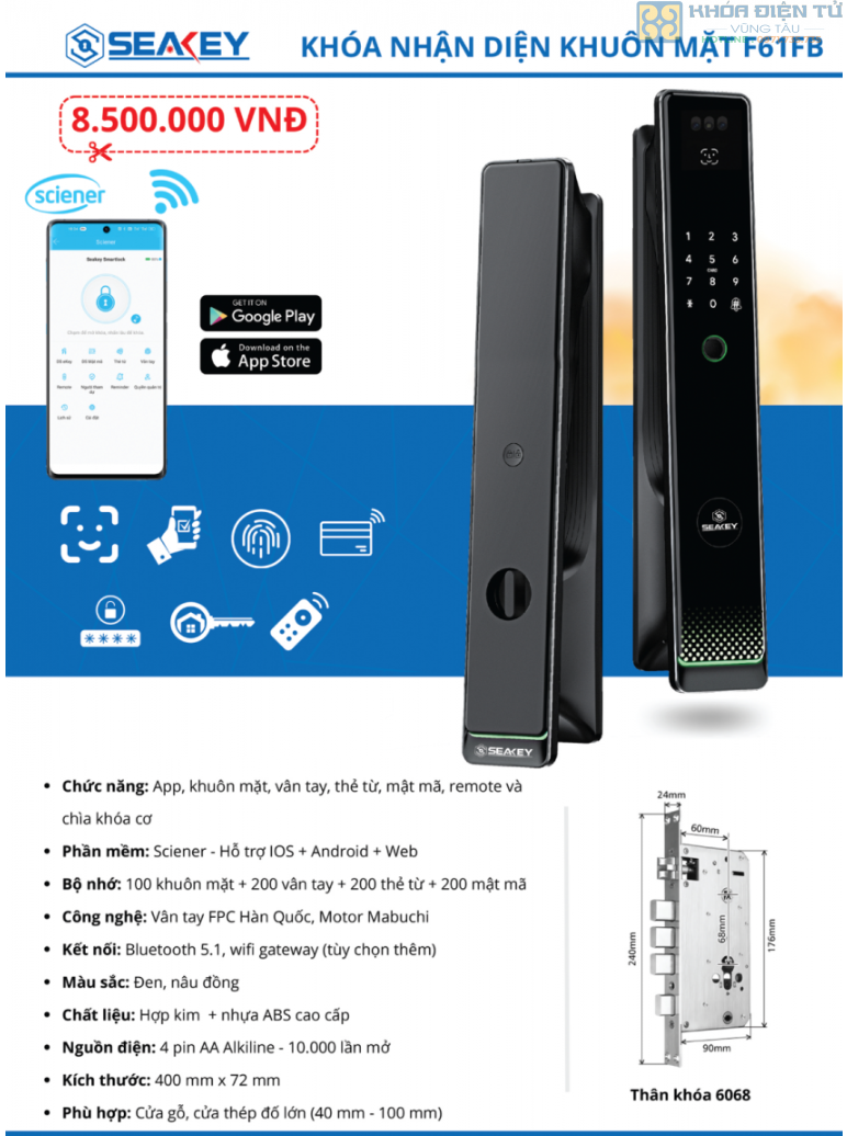 Khóa Nhận Diện Khuôn Mặt Seakey F61Rb, Khóa Điện Tử Seakey, Khóa Face Id, Khóa Thông Minh Seakey, Khóa Vân Tay Fpc, Khóa Điện Tử Cao Cấp