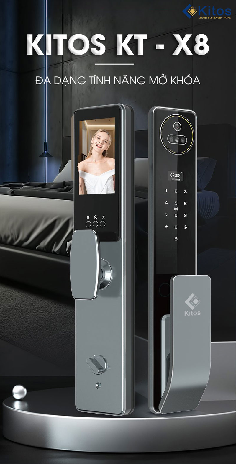khóa cửa vân tay Kitos KT X8, khóa điện tử Kitos, khóa vân tay camera, khóa thông minh Wi-Fi, khóa Push-Pull.