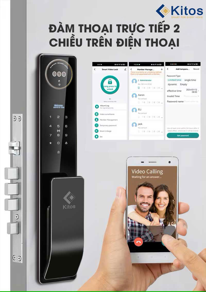 khóa cửa vân tay Kitos KT X8, khóa điện tử Kitos, khóa vân tay camera, khóa thông minh Wi-Fi, khóa Push-Pull.
